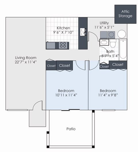 A floor plan of a small apartment with a living room, kitchen, two bedrooms, and a bathroom.